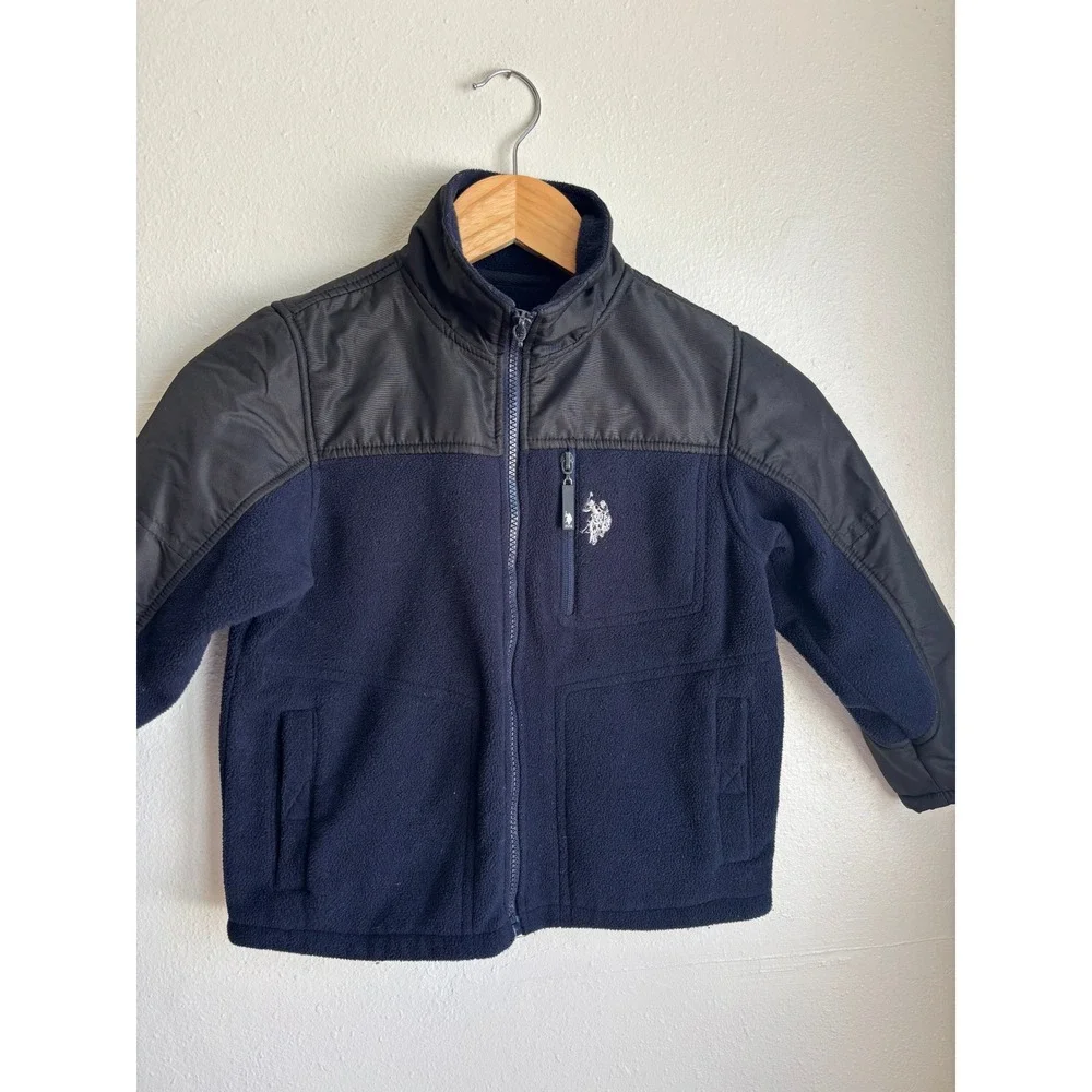 US Polo Assn Boys Navy Blue Fleece Mixed Media Zip Up‎ Jacket Size 5/6